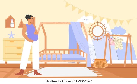 Flat vector illustration with happy pregnant woman in the nursery in cozy scandinavian style. Concept of motherhood.