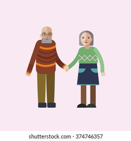 Flat vector illustration of happy senior couple holding hands and smiling, can be used as a postcard, advertisement etc.