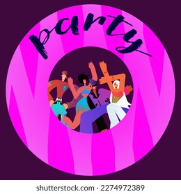 Flat vector illustration. Happy smiling girls and boys dancing on holiday nightlife party. Friends having fun together. Young fashion man and women characters group, celebrating event with joy. 