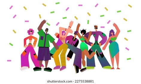 Flat vector illustration. Happy smiling girls and boys dancing on holiday nightlife confetti party. Friends having fun together. Young fashion man women characters group, celebrating event with joy. 