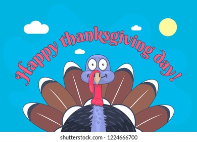  Flat vector illustration  of happy thanksgiving day it shows a cute cartoon turkey with widely opened eyes  the bird has brown black and blue color it is on a blue background with clouds and the sun
