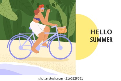 Flat Vector Illustration With Happy Woman Riding Bicycle On A Beach, Exotic Tropics In The Background. Summer Vacation Banner On A Tropical Island Or Seaside Resort.