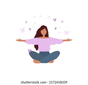 Flat vector illustration of happy woman sits in lotus pose and open her arms to love, world and butterfly. Female character enjoys life and freedom. Mental health support, psychology concept.