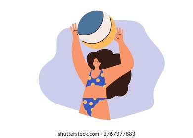 Flat vector illustration of a happy woman playing volleyball in swimwear, symbolizing summer vibes, active lifestyle, beach sports, energy, freedom, and leisure recreation