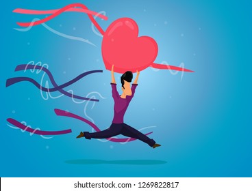 Flat vector illustration of happy young white male carrying big heart above his head and running to date his girlfriend. Romantic concept