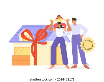 Ilustración vectorial plana con una familia joven feliz comprando una casa. Concepto de compra, alquiler, hipoteca, préstamo de vivienda.