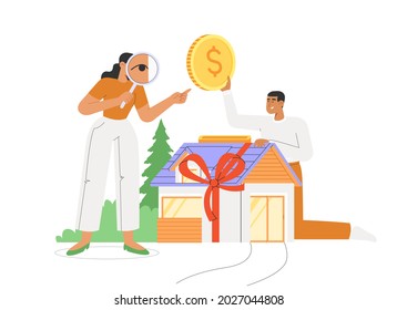 Flat vector illustration with happy young family buying a house and male character throwing coin in the house piggy bank. Concept of purchase, rent, investing, mortgage, home loan.