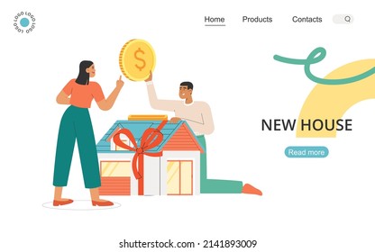 Flat vector illustration with happy young family invests in a house. Concept of purchase, rent, mortgage, home loan.