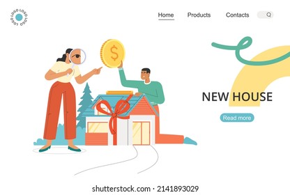 Flat vector illustration with happy young family invests in a house. Concept of purchase, rent, mortgage, home loan.