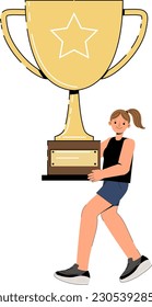 Flat vector illustration with happy  young woman holding a golden trophy (winner cup). Joyfull girl in sportswear with champion cup celebrates victory.