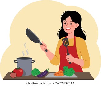 Flat vector illustration of a happy young woman cooking in the kitchen, holding a frying pan and spatula. Surrounded by vegetables and steam in a cheerful scene. Cartoon style with solid colors.