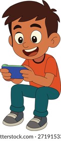 Ilustração vetor plana de um menino feliz sentado e jogando jogos em seu smartphone