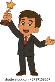 Ilustración vectorial plana de un niño joven feliz en un traje de negocios formal que sostiene un trofeo de oro