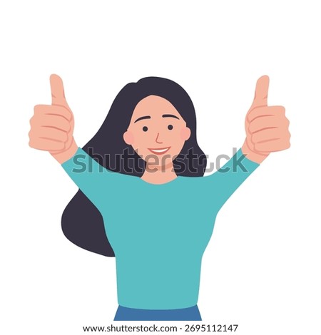 Flat vector illustration of a happy young woman showing both thumbs up, symbolizing success, approval, positive feedback, motivation, and encouragement. Perfect for business, lifestyle, and education