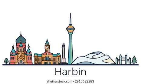 A flat vector illustration of the Harbin city skyline featuring iconic landmarks like Saint Sophia Cathedral and the Dragon Tower.