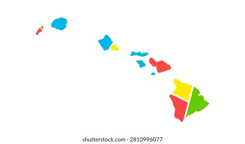 A flat vector illustration of the Hawaii islands group with distinct bright colors for each island on a clean white background.