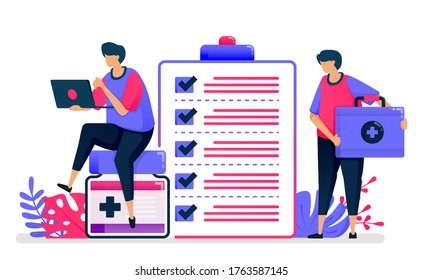 Flat vector illustration of health check for patient records. First aid services for public facilities. Design for healthcare. Can be used for landing page, website, web, mobile apps, posters, flyers