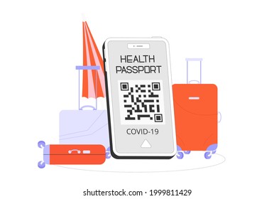 Flat vector illustration with health passport mobile application or Covid19 vaccination passport. Travel during the pandemic.