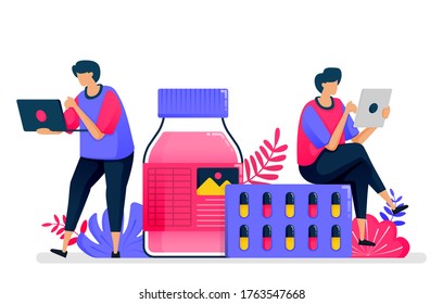 Flat vector illustration of health services. Liquid medicine, pill and drug provider for drugstores. Design for healthcare. Can be used for landing page, website, web, mobile apps, posters, flyers