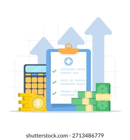 Flat vector illustration of healthcare spending with medical documents, calculator, and money, ideal for rising medicine costs, health expenses, and financial planning concepts.