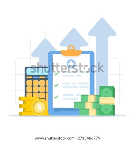 Flat vector illustration of healthcare spending with medical documents, calculator, and money, ideal for rising medicine costs, health expenses, and financial planning concepts.