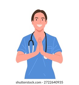 Ilustração vetorial plana de profissionais de saúde usando esfoliantes e estetoscópio, mostrando cuidados, profissionalismo, serviço médico, equipe hospitalar e conceito de suporte à saúde. Estilo de desenho animado moderno isolado no fundo branco.