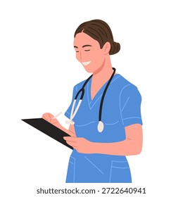 Ilustração vetorial plana de profissionais de saúde usando esfoliantes e estetoscópio, mostrando cuidados, profissionalismo, serviço médico, equipe hospitalar e conceito de suporte à saúde. Estilo de desenho animado moderno isolado no fundo branco.