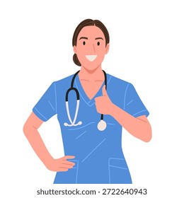 Ilustração vetorial plana de profissionais de saúde usando esfoliantes e estetoscópio, mostrando cuidados, profissionalismo, serviço médico, equipe hospitalar e conceito de suporte à saúde. Estilo de desenho animado moderno isolado no fundo branco.