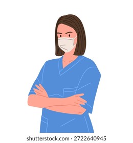 Ilustração vetorial plana de profissionais de saúde usando esfoliantes e estetoscópio, mostrando cuidados, profissionalismo, serviço médico, equipe hospitalar e conceito de suporte à saúde. Estilo de desenho animado moderno isolado no fundo branco.