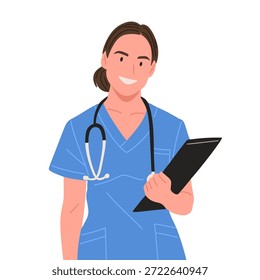 Flat vector illustration of healthcare workers wearing scrubs and stethoscope, showing care, professionalism, medical service, hospital staff, and health support concept. Modern cartoon style isolated on white background.