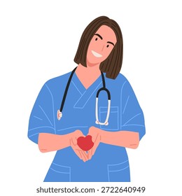 Ilustração vetorial plana de profissionais de saúde usando esfoliantes e estetoscópio, mostrando cuidados, profissionalismo, serviço médico, equipe hospitalar e conceito de suporte à saúde. Estilo de desenho animado moderno isolado no fundo branco.