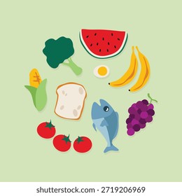 Flat vector illustration of healthy food collection featuring fruits, vegetables, fish, egg, and bread on green background. Healthy lifestyle concept with organic food icons including broccoli