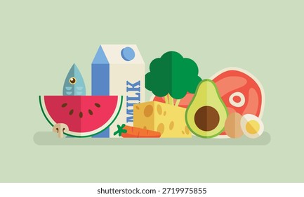 Ilustração de vetor plano de uma bandeira saudável de coleção de alimentos com leite, melancia, peixe, brócolis, abacate, carne, ovos e queijo em um estilo minimalista moderno