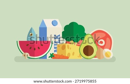 Flat vector illustration of a healthy food collection banner featuring milk, watermelon, fish, broccoli, avocado, meat, eggs, and cheese in a modern minimalist style