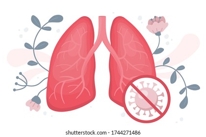 Flat vector illustration of healthy human lungs without viral pneumonia and covid surrounded with flowers. Stop coronavirus in your infected organs, close up view on virus cells