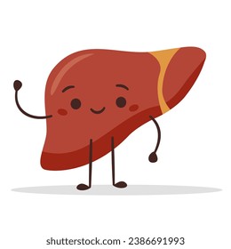 Flat vector illustration. Healthy liver with a smiling face waving. 
