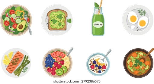 Flat vector illustration of healthy meal ingredients including salad, avocado toast, smoothie, eggs, salmon, fruit bowl, yogurt, and vegetable soup.eps
