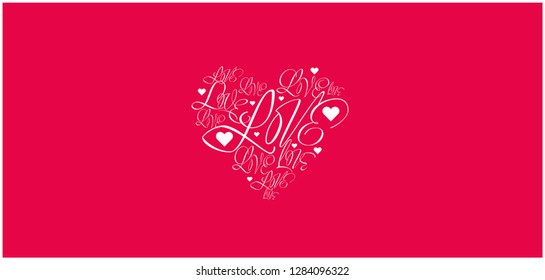 Flat vector illustration of heart from calligraphic "love" on red background for  Valentine`s Day cards, prints, posters, flyers, banners, invitations, greetings, wedding design and decoration, web.