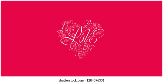 Flat vector illustration of heart from calligraphic "love" on red background for  Valentine`s Day cards, posters, prints, flyers, banners, invitations, greetings, wedding design and decoration, web.
