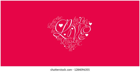 Flat vector illustration of heart from calligraphic "love" on red background for  Valentine`s Day cards, invitations, greetings, flyers, posters, banners, prints, wedding design and decoration, web.