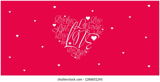 Flat vector illustration of heart from calligraphic "love" on red background for Valentine`s Day cards, wedding design and decoration, greetings, invitations, posters, prints, flyers, banners, web.