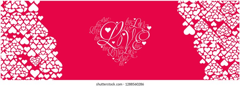 Flat vector illustration of heart from calligraphic "love" on red background for Valentine`s Day cards, greetings, invitations, prints, posters, flyers, banners, wedding design and decoration, web. 