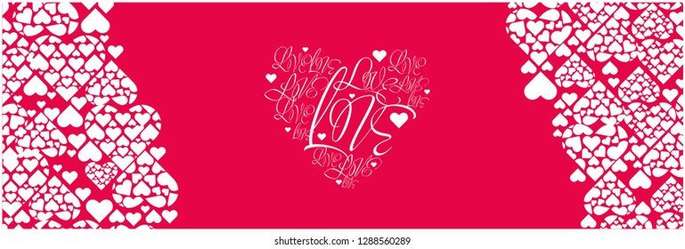 Flat vector illustration of heart from calligraphic "love" on red background for Valentine`s Day cards, greetings, invitations, posters, flyers, banners, prints, wedding design and decoration, web. 