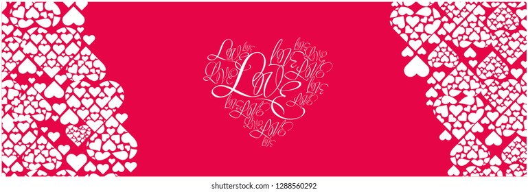 Flat vector illustration of heart from calligraphic "love" on red background for Valentine`s Day cards, greetings, invitations, posters, prints, flyers, banners, wedding design and decoration, web. 