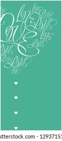 Flat vector illustration of heart from calligraphic "love" on turquoise background for Valentine`s Day cards, invitations, greetings, posters, flyers, banners, wedding design and decoration, web.