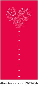 Flat vector illustration of heart from calligraphic "love" on red background for Valentine`s Day cards, wedding design and decoration, greetings, invitations, posters, flyers, prints, banners, web. 