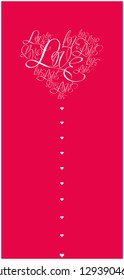 Flat vector illustration of heart from calligraphic "love" on red background for Valentine`s Day cards, invitations, greetings, posters, flyers, prints, banners, wedding design and decoration, web. 