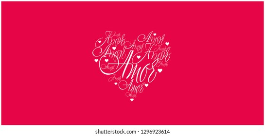 Flat vector illustration of heart from calligraphic "amor" on red background for Valentine`s Day cards, greetings, invitations, prints, posters, banners, flyers, wedding design and decoration, web.