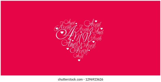 Flat vector illustration of heart from calligraphic "amor" on red background for Valentine`s Day cards, wedding design and decoration, invitations, greetings, prints, posters, banners, flyers, web.