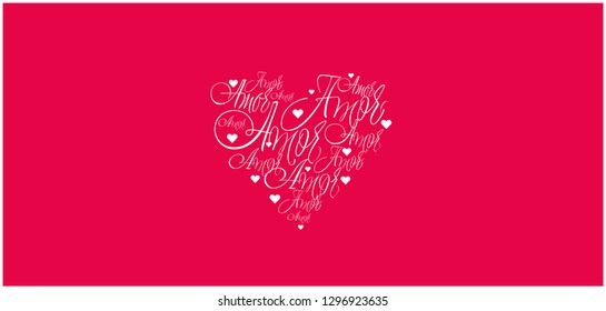 Flat vector illustration of heart from calligraphic "amor" on red background for Valentine`s Day cards, invitations, greetings, prints, posters, banners, flyers, wedding design and decoration, web.